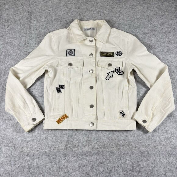 Xact Jackets & Blazers - XACT Womens Small White Button Up Denim Jean Jacket w/ Allover Patches - FLAWED